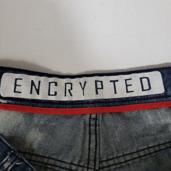 Encrypted Moto Biker Distressed Denim Jeans Mens 20W Grunge Cyber Y2K Streetwear - Picture 7 of 11